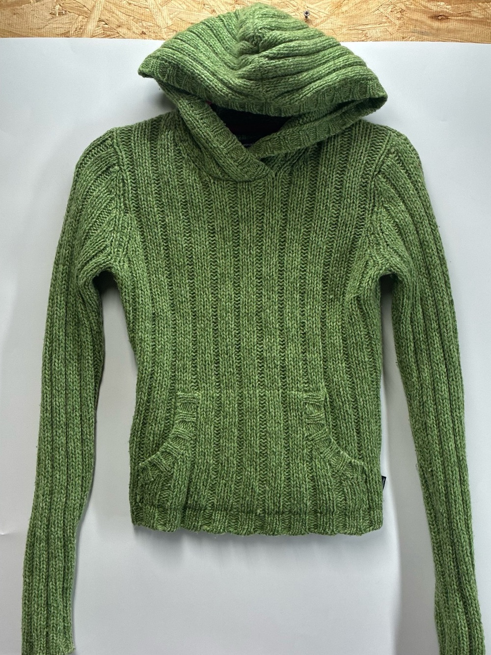 Vintage Y2K Abercrombie & Fitch Small Merino Wool Ribbed Green Hooded Sweater - Picture 2 of 5